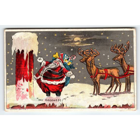 Vintage 1908 Santa Claus Christmas Postcard with Reindeer Chimney My Goodness - Picture 1 of 2